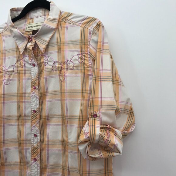 Bit & Bridle Plaid Snap Front Western Horse Embroidered Shirt Orange Pink Large - Picture 6 of 8